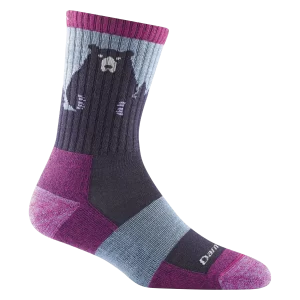 Purple and navy blue sock with bear design on the ankle