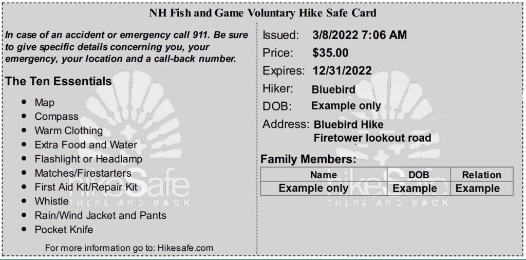 Example of a hike safe card showing buyers name, the ten essentials, and any covered family members.